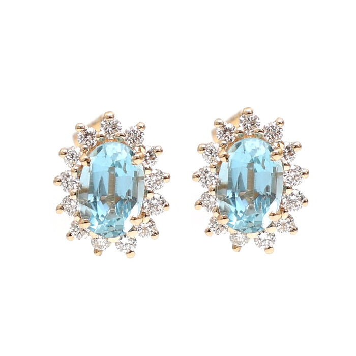 Aquamarine & Natural Diamond Halo Stud Earrings in 14K Yellow Gold