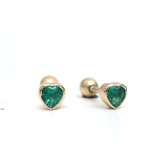 Heart Emerald 14K ( 18 K custom) Yellow Gold Solitaire Stud Earrings