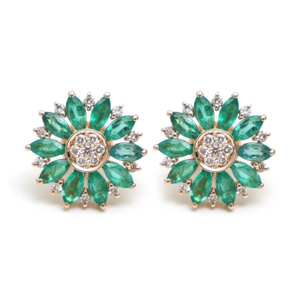 Emerald Floral 14K ( 18k Custom)  Natural Diamond Yellow Gold Stud Earrings