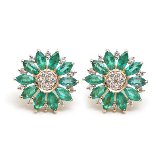 Emerald Floral 14K ( 18k Custom)  Natural Diamond Yellow Gold Stud Earrings