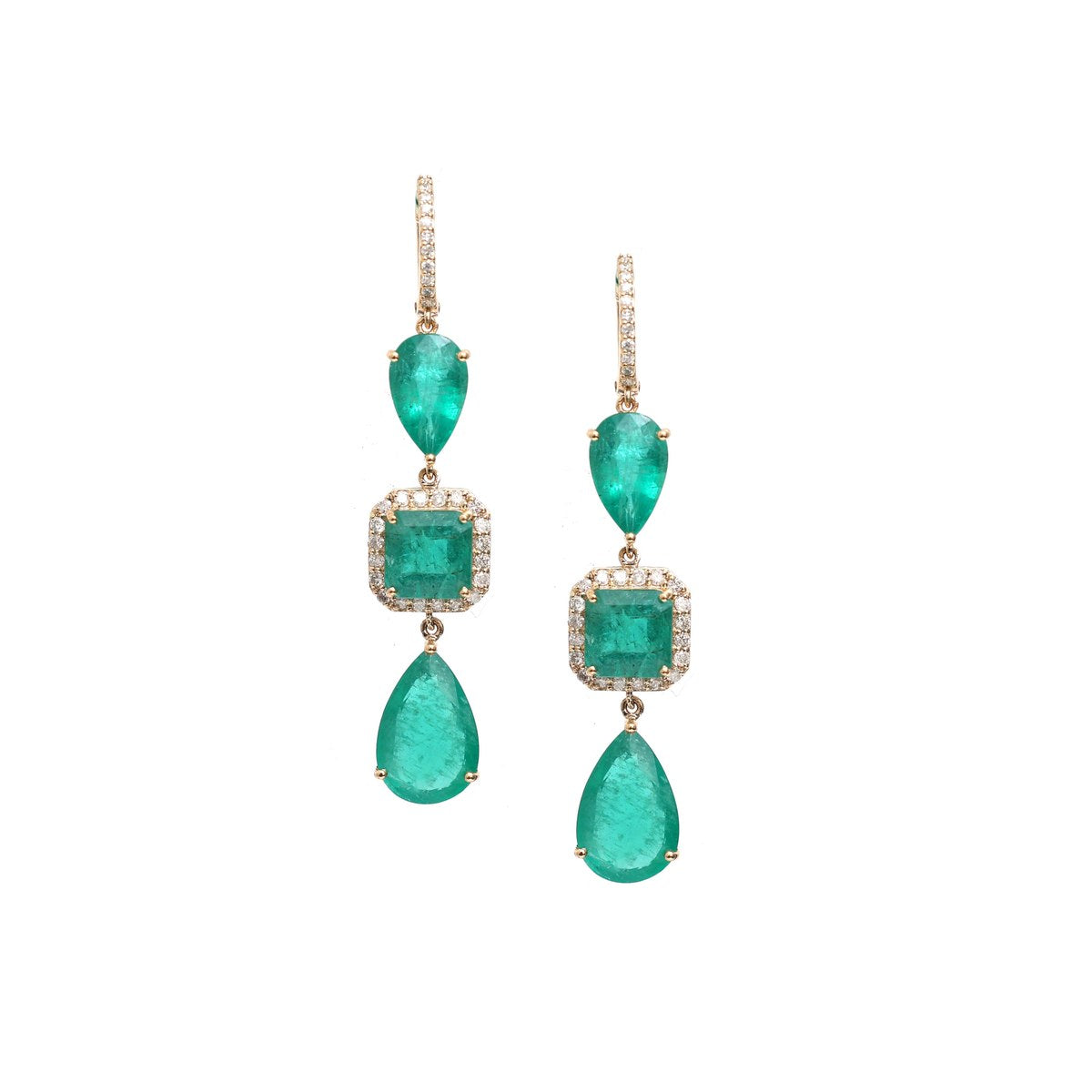 Emerald & Natural Diamond 18K  Triple Drop Statement Earrings  Yellow Gold