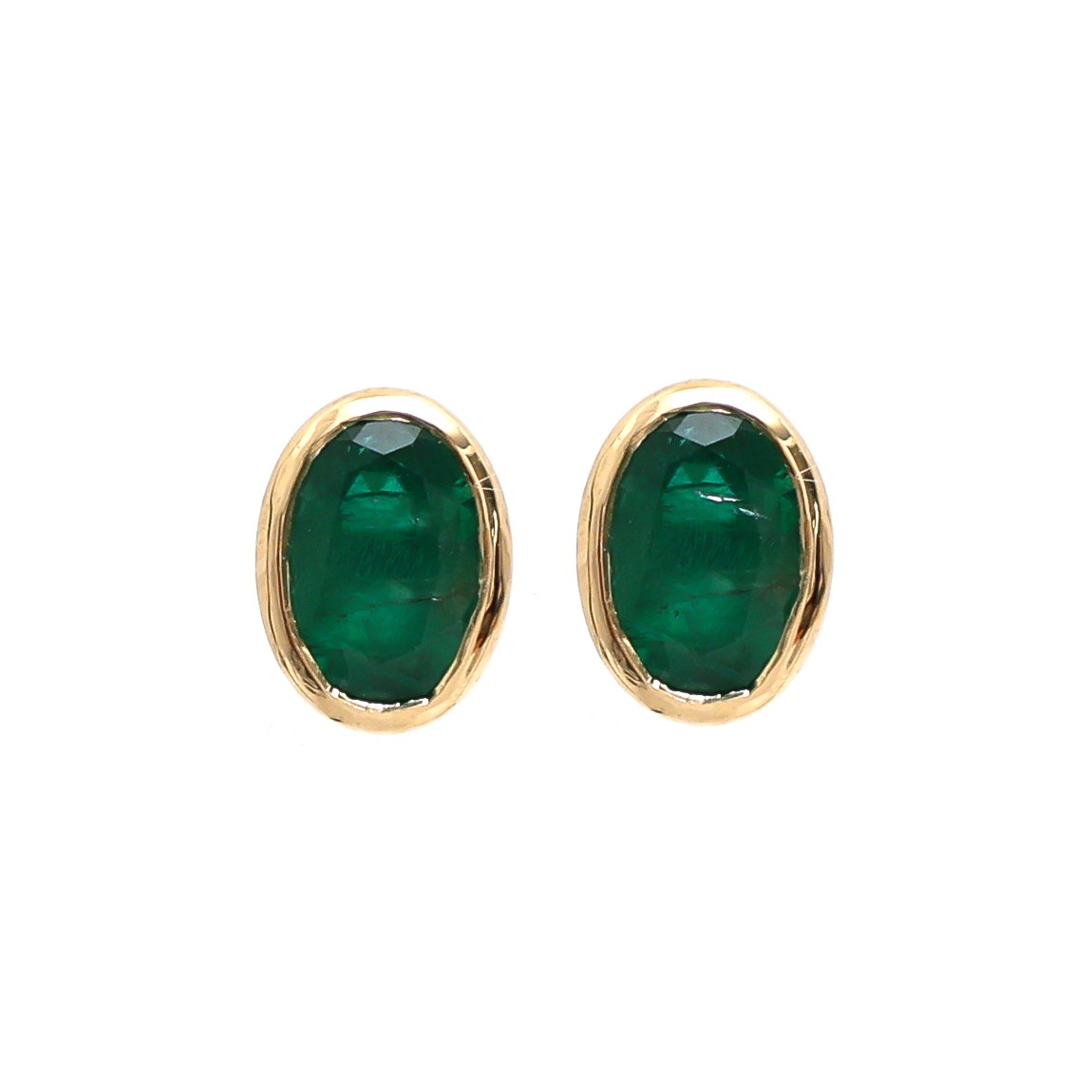 Oval Emerald 18K Bezel Set Yellow Gold Stud Earring