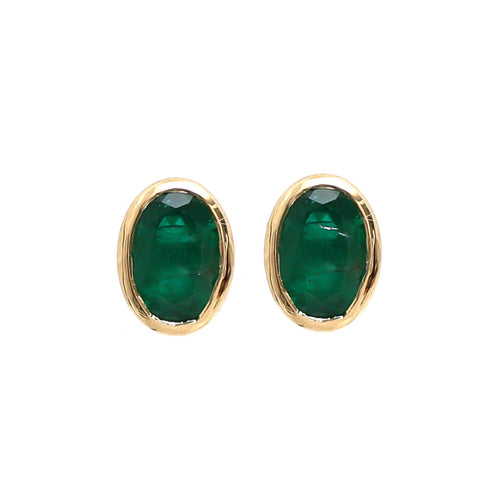 Oval Emerald 18K Bezel Set Yellow Gold Stud Earring