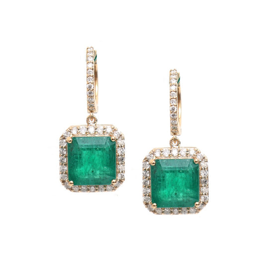 Radiant Emerald Cut 14K (18K Custom) Natural Diamond Yellow Gold Halo Stud Earrings