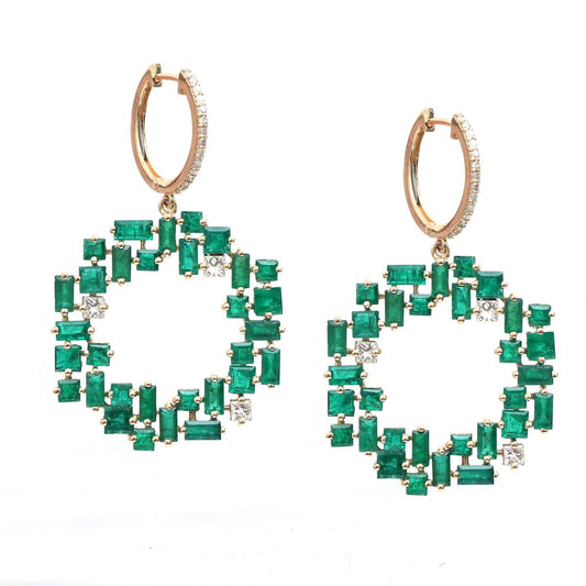 Emerald Open Circle 18K Natural Diamond Yellow Gold Drop Earrings
