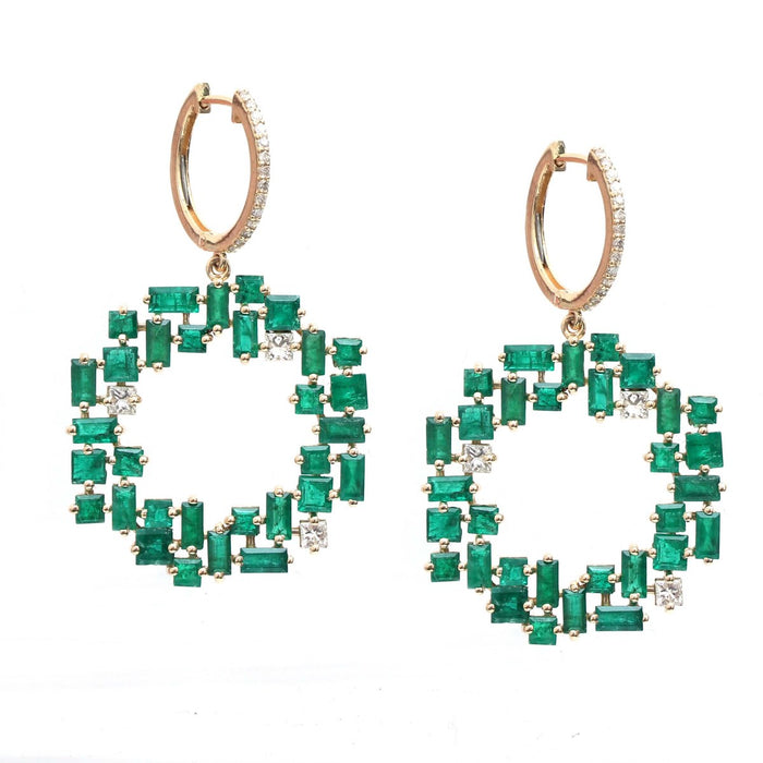 Emerald Open Circle 18K Natural Diamond Yellow Gold Drop Earrings