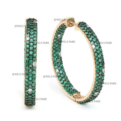 Emerald 18K Natural Diamond Yellow Gold Hoop Earrings