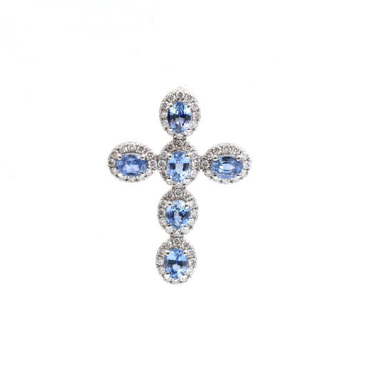 Elegant Blue Sapphire Cross 18K White Gold Pendant Necklace