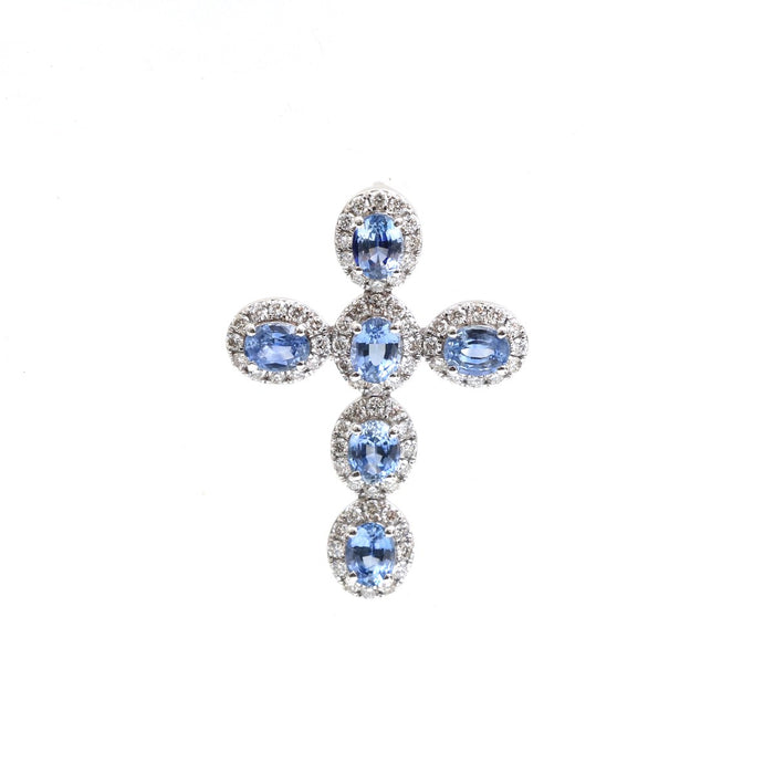 Elegant Blue Sapphire Cross 18K White Gold Pendant Necklace