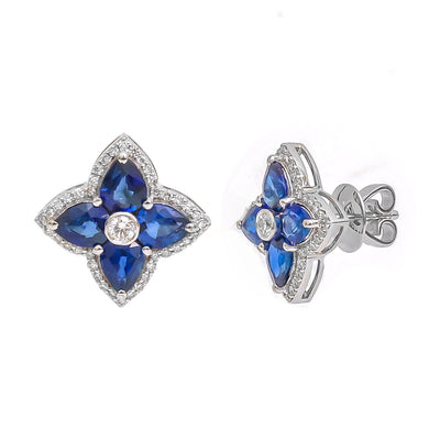 Blue Sapphire Floral 18K Natural Diamond White Gold Stud Earrings