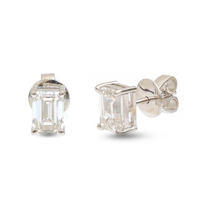 Emerald Cut 14K (18k Custom) Lab  Diamond White Gold Solitaire Stud Earrings
