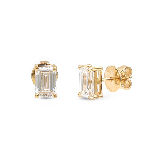 Emerald Cut 14K (18k Custom) Lab Diamond Yellow Gold Solitaire Stud Earrings