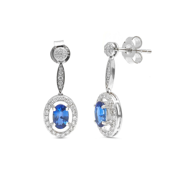 Pear Blue Sapphire 18K Natural Diamond White Gold Halo Drop Earrings