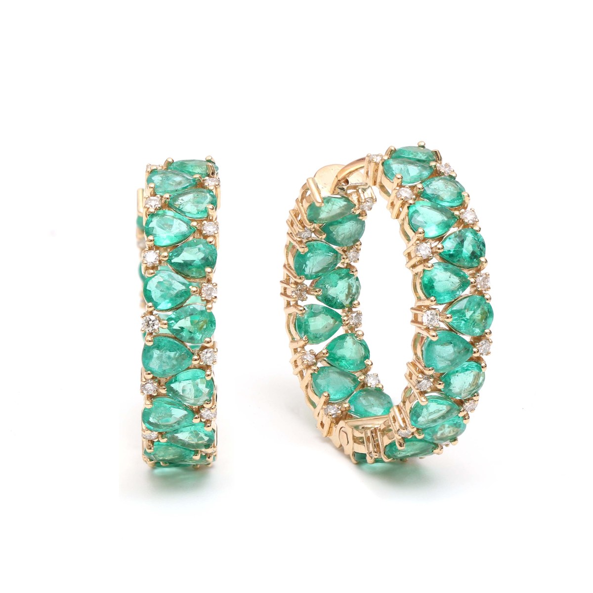 Emerald Accent 18K Natural Diamond Yellow Gold Hoop Earrings