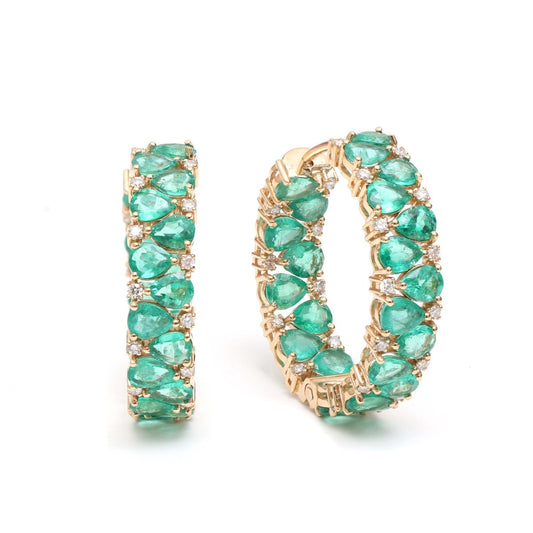 Emerald Accent 18K Natural Diamond Yellow Gold Hoop Earrings