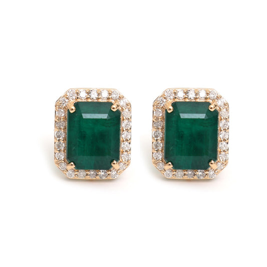 Emerald Cut Emerald Prestige Halo 18K Natural Diamond Yellow Gold Stud Earrings