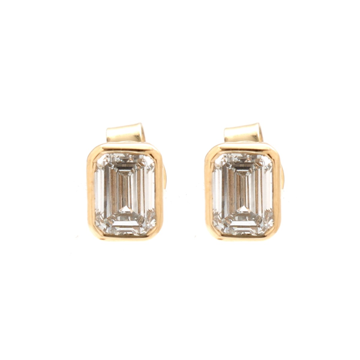 Emerald Cut Bezel 14K (18k Custom) Lab Diamond Yellow Gold Stud Earrings
