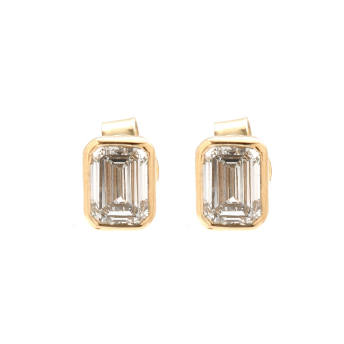 Emerald Cut Bezel 14K (18k Custom) Lab Diamond Yellow Gold Stud Earrings