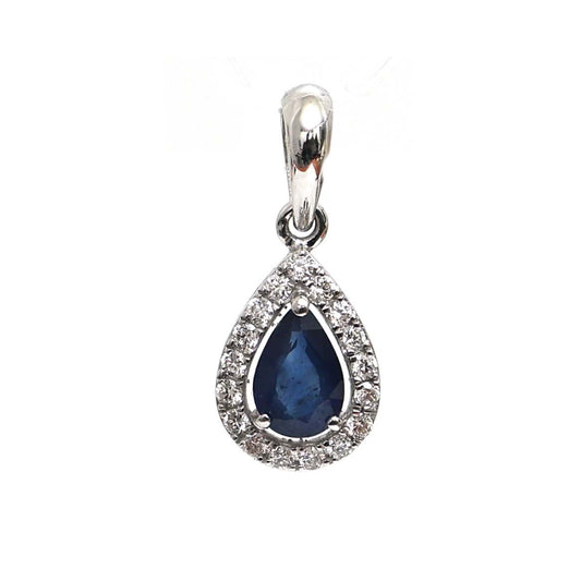 Blue Sapphire Diamond 18K White Gold Teardrop Pendant Necklace