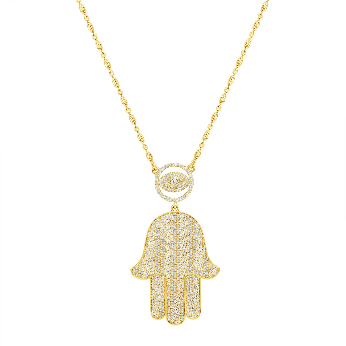Pretty Round Diamond Hamsa Eye Necklace in 14K Gold