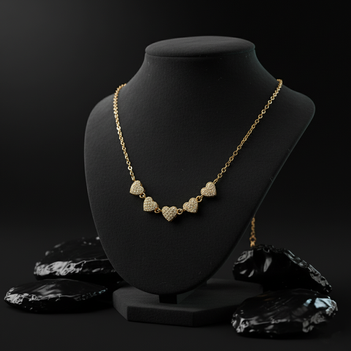 Five Pave Hearts Diamond Necklace in 14K Yellow Gold