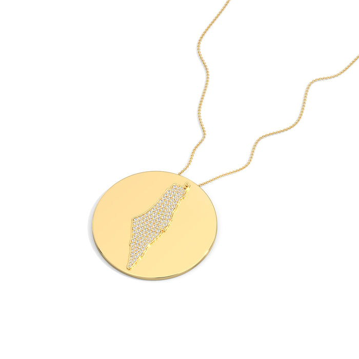 Map Pendant Diamond Medallion Necklace in 14K Yellow Gold