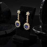 Blue Sapphire Halo Drop Earrings in 14K Yellow Gold