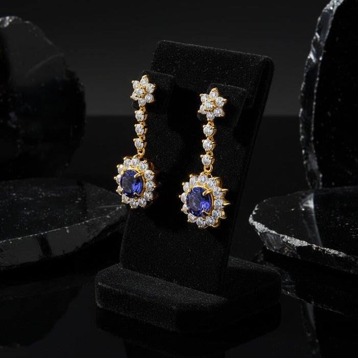 Blue Sapphire Halo Drop Earrings in 14K Yellow Gold