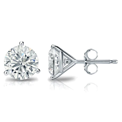 Three Prong Martini Push Back Diamond Stud Earrings in 14K Gold