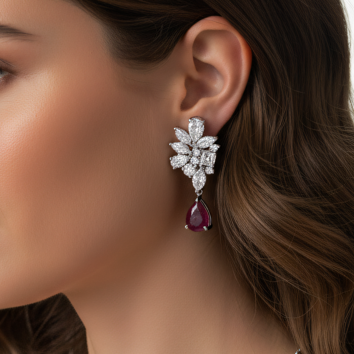 Floral Cluster Diamond Ruby Drop Earrings in 18K White Gold