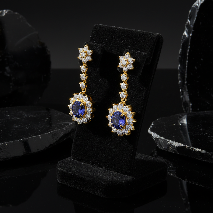 Blue Sapphire Halo Drop Earrings in 14K Yellow Gold