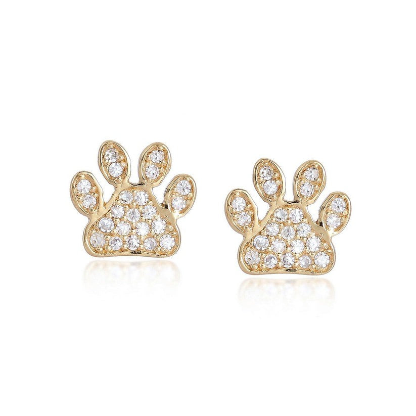 Pave Diamond Paw Stud Earrings in 14K Yellow Gold