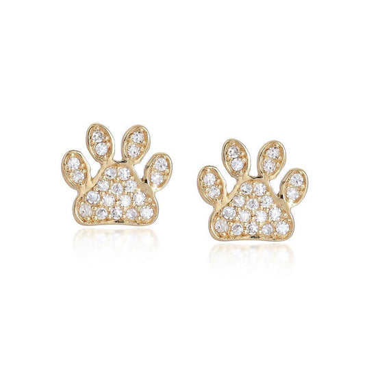 Pave Diamond Paw Stud Earrings in 14K Yellow Gold
