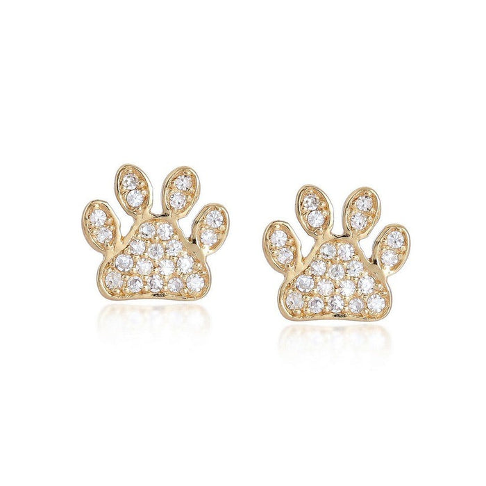 Pave Diamond Paw Stud Earrings in 14K Yellow Gold