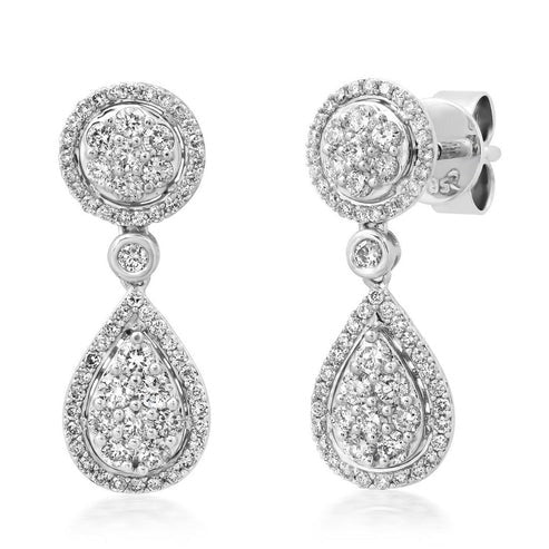 Cluster Diamond Teardrop Dangle Earrings in 14K White Gold