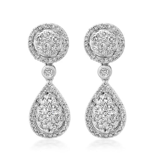 Cluster Diamond Teardrop Dangle Earrings in 14K White Gold