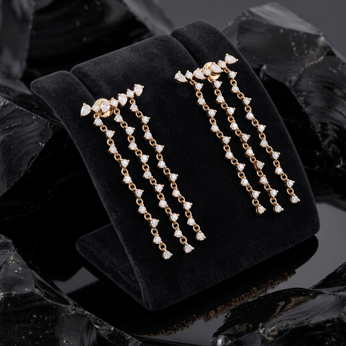 Triple Diamond Drop Chain Earrings in 14K Yellow Gold