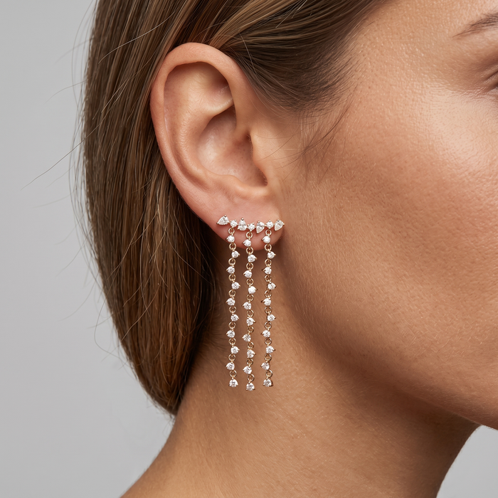 Triple Diamond Drop Chain Earrings in 14K Yellow Gold