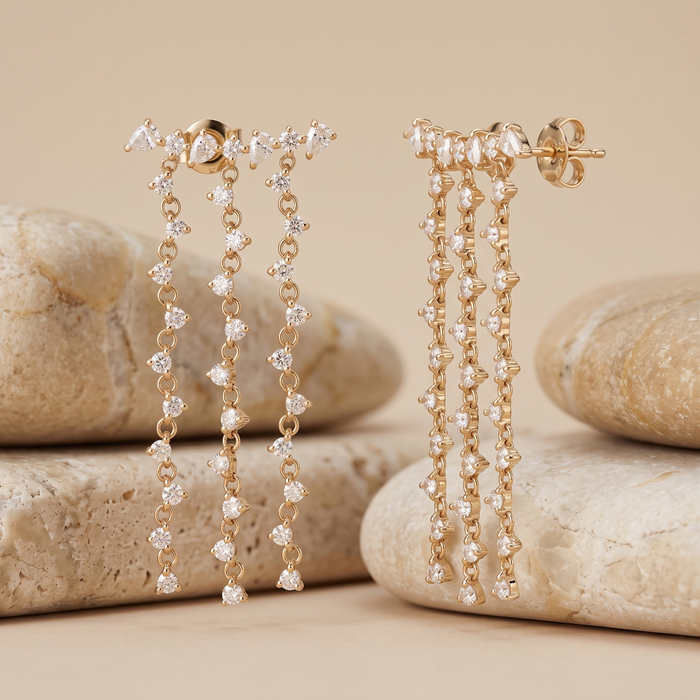 Triple Diamond Drop Chain Earrings in 14K Yellow Gold