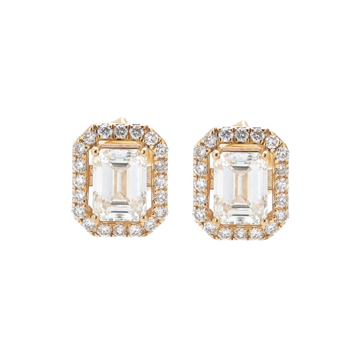 Emerald Cut 14K (18K Custom) Lab Diamond Double Halo Yellow Gold Stud Earrings