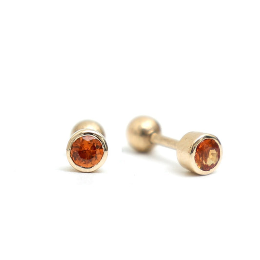 Orange Sapphire14K (18k Custom)  Bezel Set Screw Back Stud Earring Yellow Gold