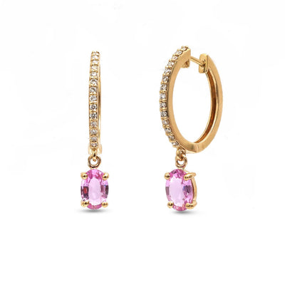 Pink Sapphire Natural Diamond 14K ( 18k Custom) Yellow Gold Drop Huggie Earrings