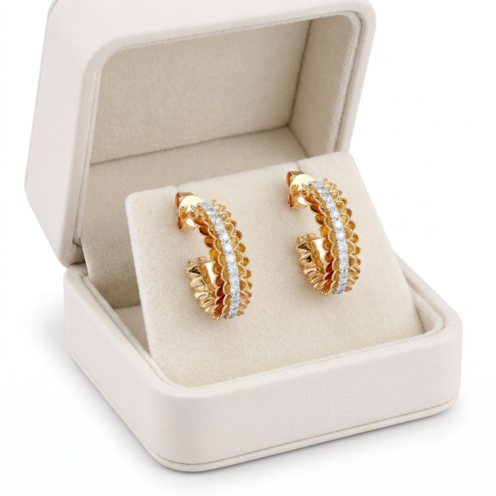 Scalloped Diamond 14K (or 18k upon request) Yellow Gold Hoop Earrings