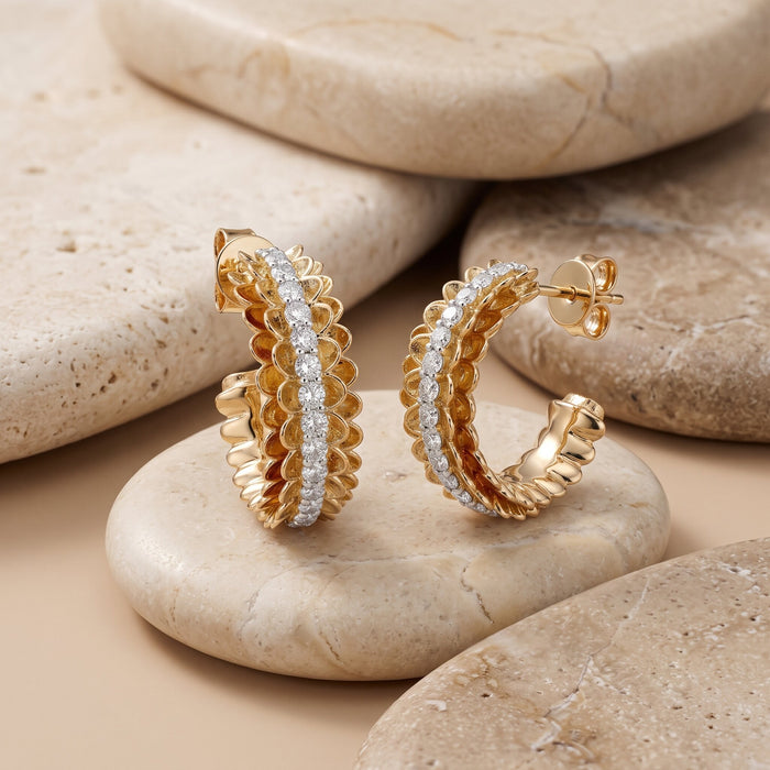 Scalloped Diamond 14K (or 18k upon request) Yellow Gold Hoop Earrings