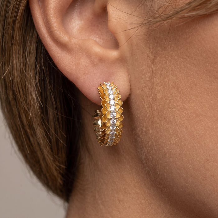 Scalloped Diamond 14K (or 18k upon request) Yellow Gold Hoop Earrings