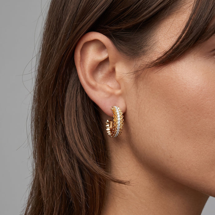 Scalloped Diamond 14K (or 18k upon request) Yellow Gold Hoop Earrings
