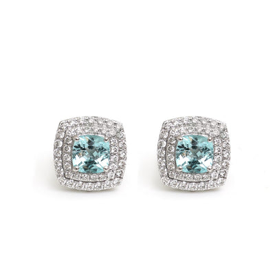 Paraiba Tourmaline Double Halo 18K Natural Diamond White Gold Stud Earrings
