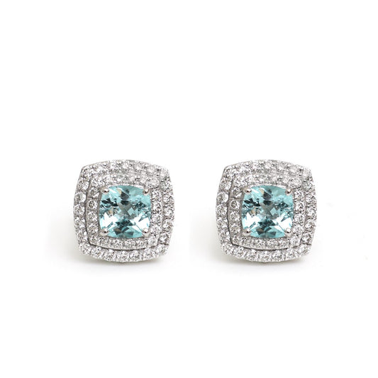 Paraiba Tourmaline Double Halo 18K Natural Diamond White Gold Stud Earrings