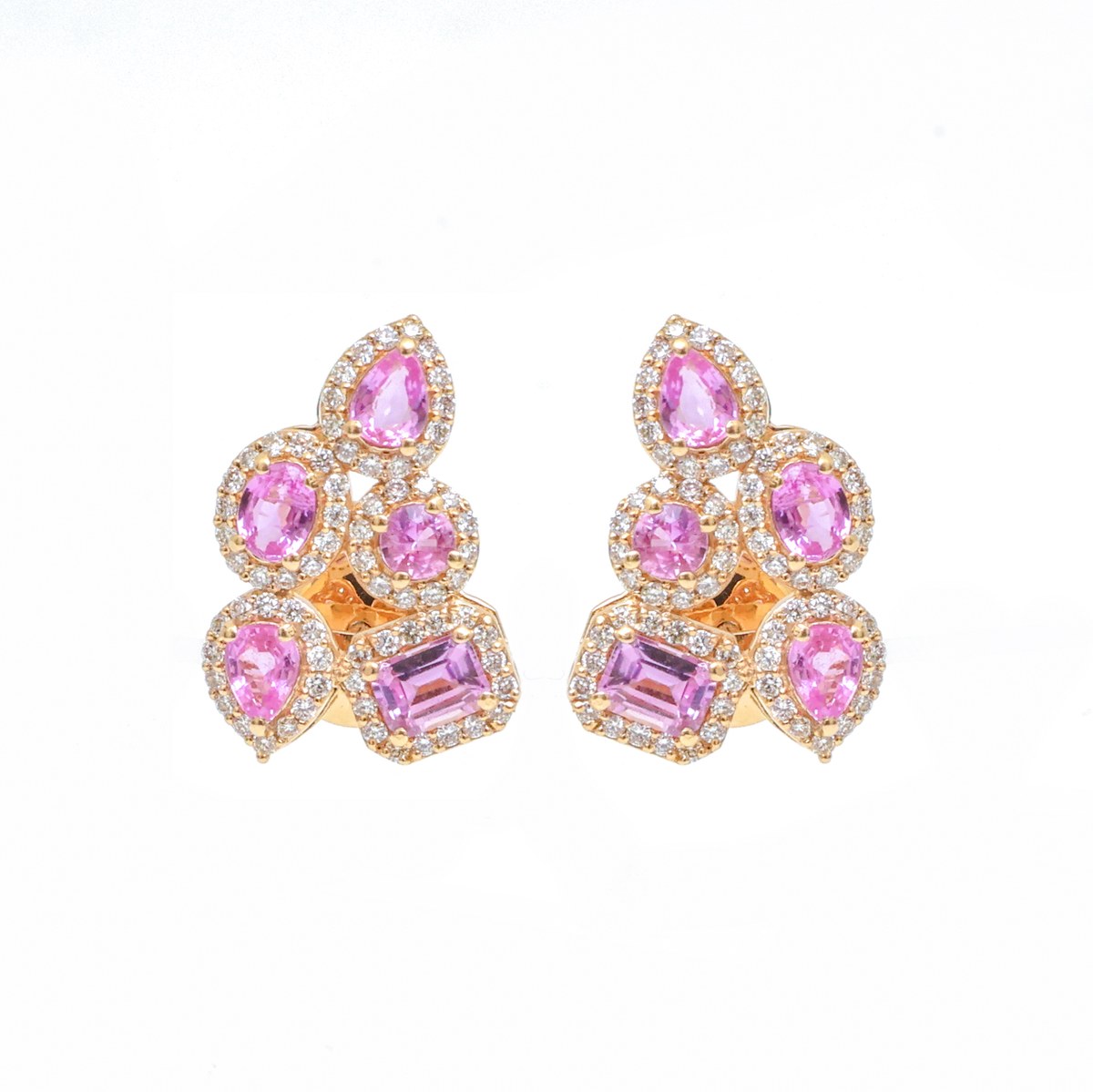 Pink Sapphire Cluster 14K (18K Custom) Natural Diamond Yellow Gold Stud Earrings