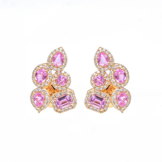Pink Sapphire Cluster 14K (18K Custom) Natural Diamond Yellow Gold Stud Earrings